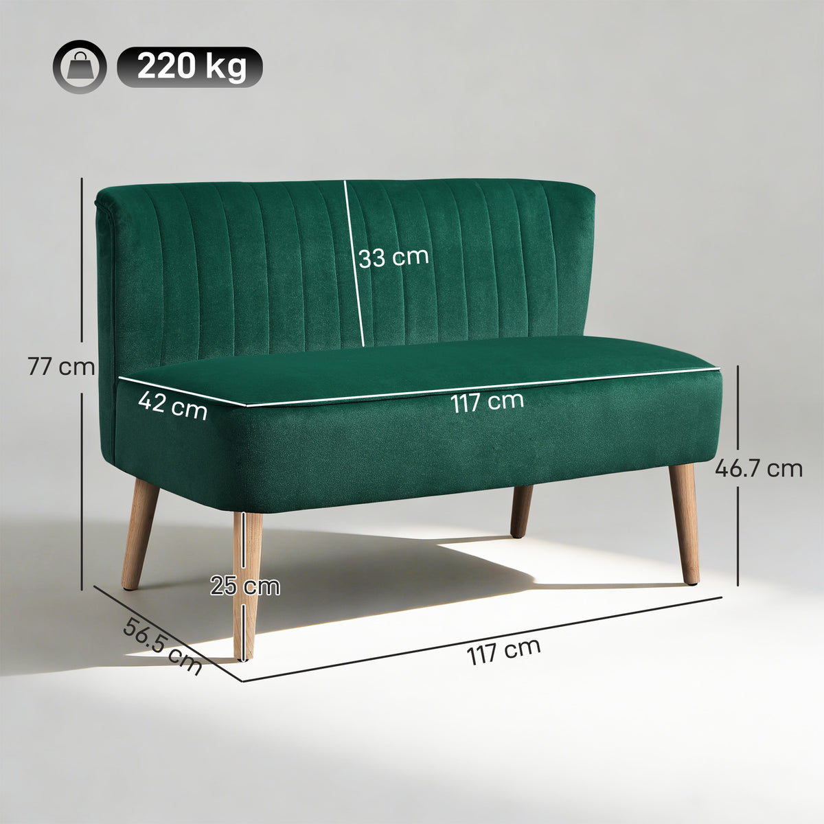 HOMCOM 117cm Loveseat Sofa Upholstered Small 2 Seater Sofa  with Thick Padded Seat and Rubber Wood Legs, Dark Green