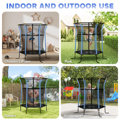 HOMCOM kids trampoline with safety enclosure shown indoors and in outdoor settings