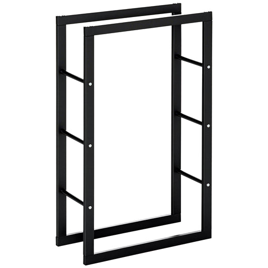 Black metal firewood rack frame shown as two rectangular side sections.