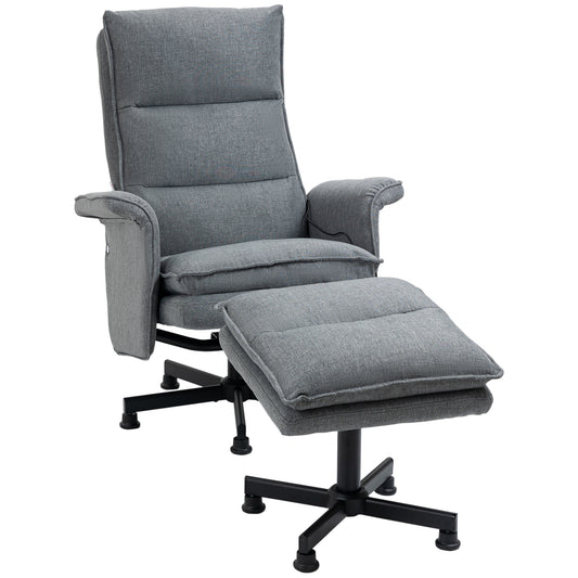 Photo of HOMCOM Swivel Recliner Chair and Footstool, Upholstered Massage Recliner Armchair with Remote Control, Timer and Steel Base, Grey in Grey colour on a white background