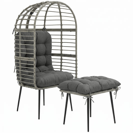 Photo of Outsunny Garden Egg Chair with Footstool, Rattan Indoor Outdoor Lounge Chair and Ottoman Set with Thick Cushions, Light Grey in Grey colour on a white background