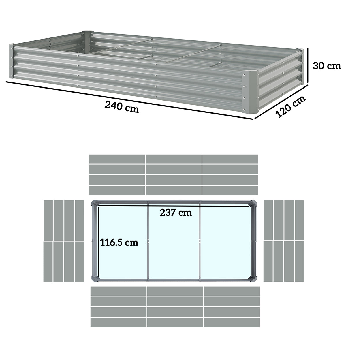 Silver steel planter with 240 x 120 cm footprint and 30 cm height, shown with dimensions
