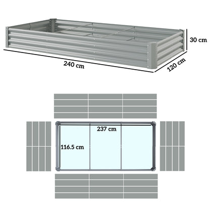 Silver steel planter with 240 x 120 cm footprint and 30 cm height, shown with dimensions