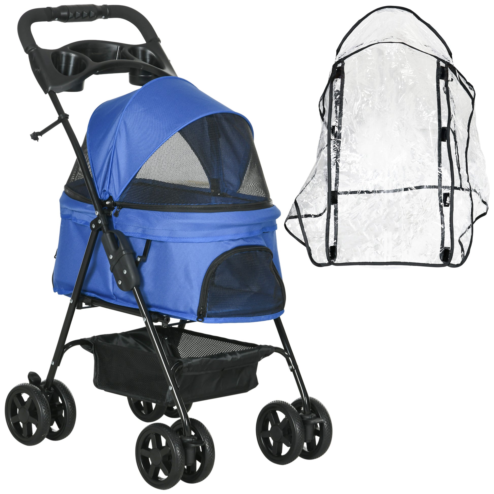 Photo of PawHut Dog Stroller with Rain Cover, Dog Pushchair One-Click Fold Trolley Jogger with EVA Wheels Brake Basket Adjustable Canopy Safety Leash for Small Dogs, Blue in Blue colour on a white background