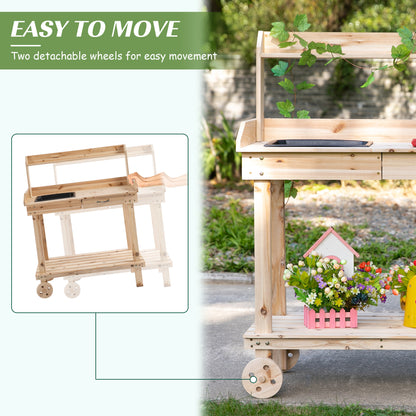 Outsunny wooden potting bench with detachable wheels for moving