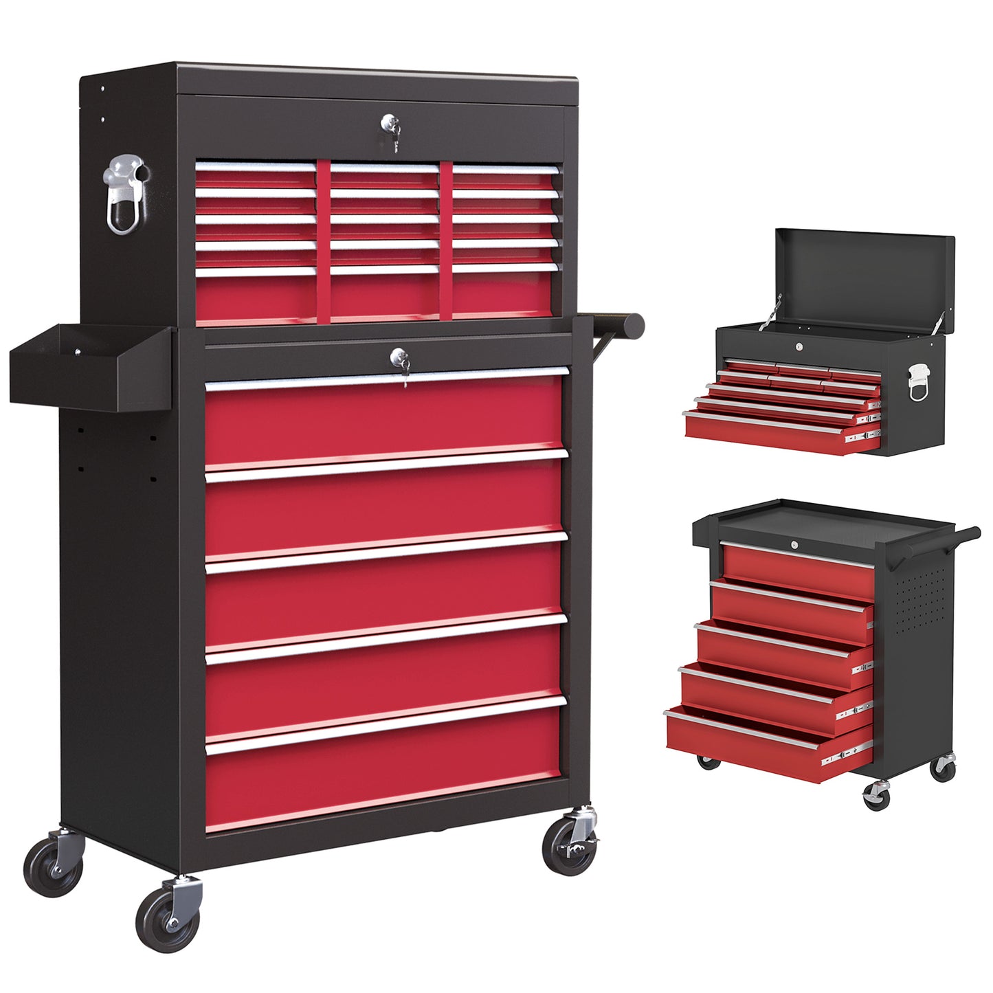 Photo of HOMCOM 14 Drawer, Two-Part Tool Storage Chest on Wheels - Red in Red colour on a white background