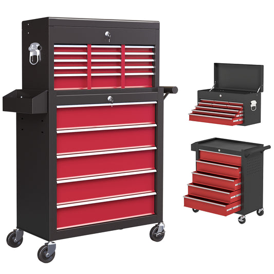 Photo of HOMCOM 14 Drawer, Two-Part Tool Storage Chest on Wheels - Red in Red colour on a white background