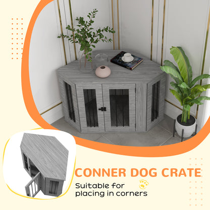 Grey corner dog crate side table designed to fit in a room corner