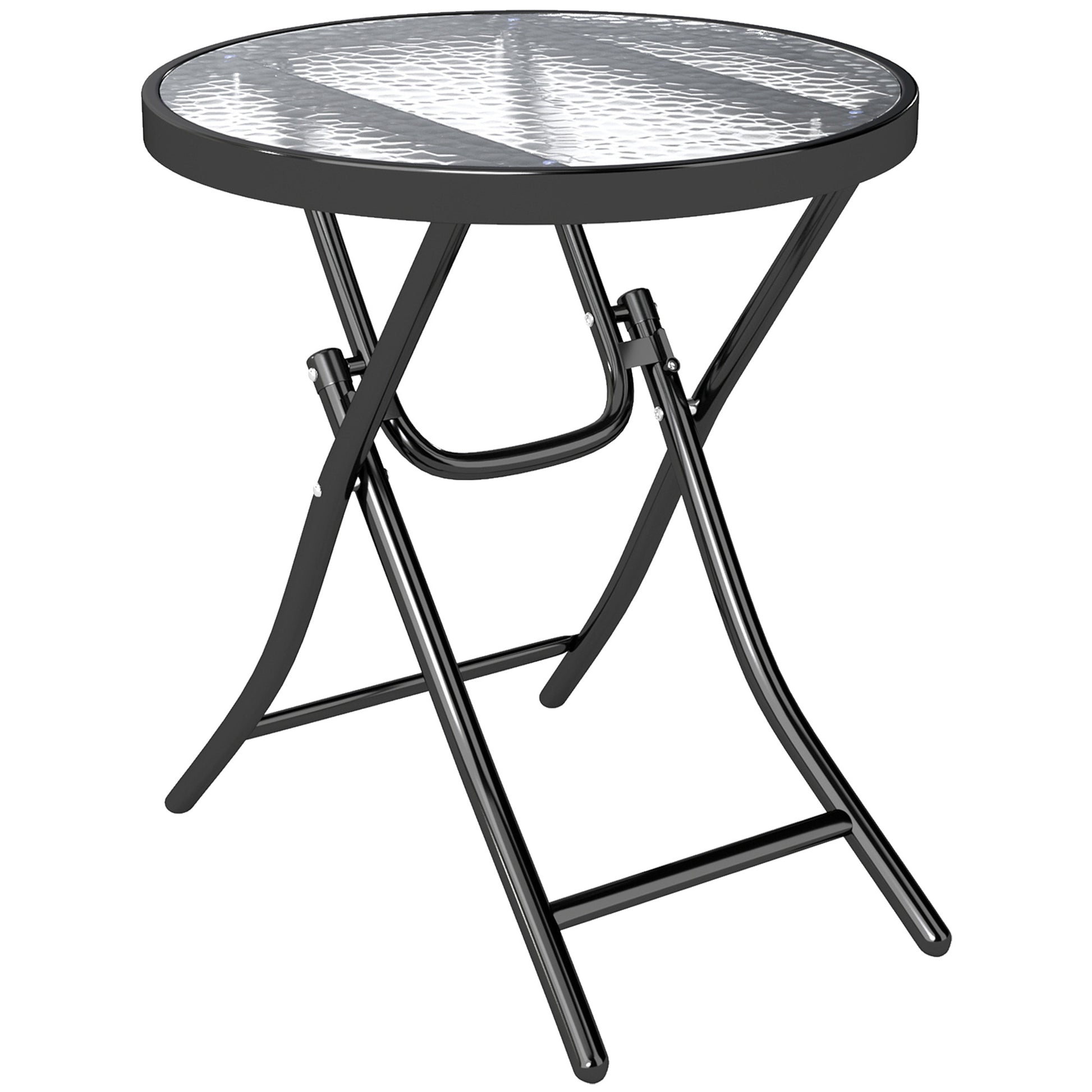 Photo of Outsunny Foldable Garden Table, Round Folding Table with Glass Tabletop and Safety Buckle for Patio, Garden, Outdoor, Indoor, Black in Black colour on a white background