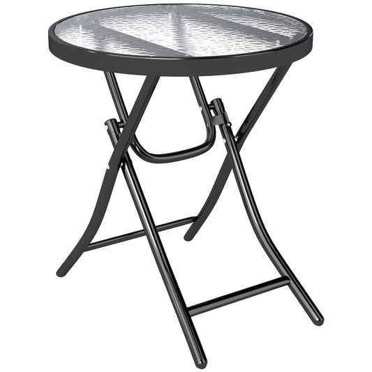 Photo of Outsunny Foldable Garden Side Table, Round Folding Table with Glass Tabletop and Safety Buckle for Patio, Garden, Outdoor, Indoor, Black in Black colour on a white background