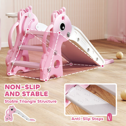 Pink giraffe-shaped climber with white anti-slip steps and attached white slide