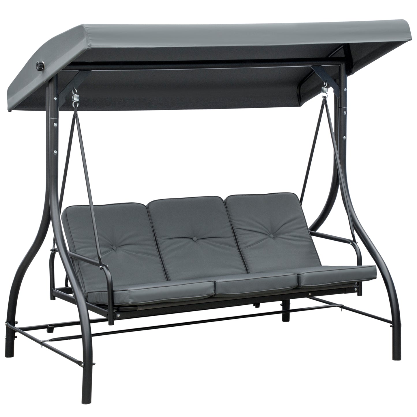 Photo of Outsunny 3 Seater Canopy Swing Chair, 2 in 1 Garden Swing Seat Bed, with Adjustable Canopy and Metal Frame, Dark Grey in Grey colour on a white background