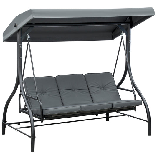 Photo of Outsunny 3 Seater Garden Swing Chair, 2 in 1 Convertible Patio Swing Seat Bed with Adjustable Canopy, Cushions and Metal Frame, Outdoor Hammock Bench Chair for Balcony, Terrace, Dark Grey in Grey colour on a white background