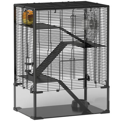 PawHut four-tier hamster cage with black wire frame, deep glass base, ramps, wheel and accessories