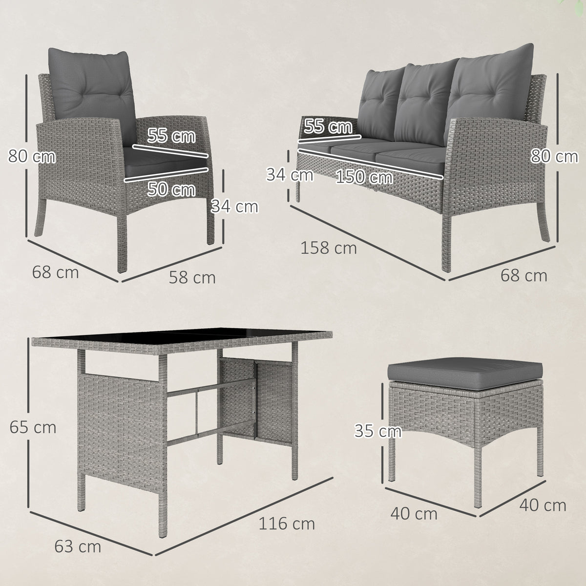 Rattan furniture set dimensions: armchair, three-seat sofa, glass-top table and footstool