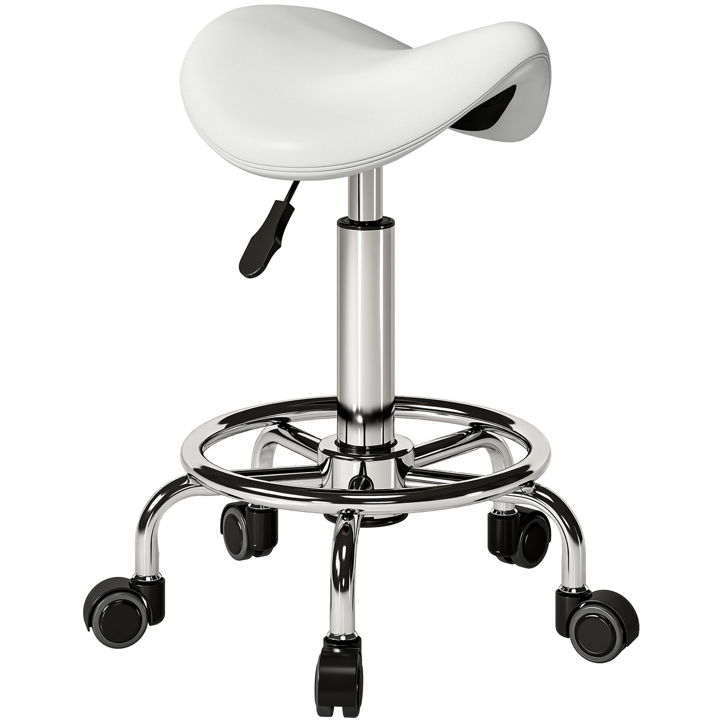 Photo of HOMCOM Salon Saddle Stool, Rolling Saddle Chair for Massage, Spa, Clinic, Beauty, Hairdressing and Tattoo, White in White colour on a white background