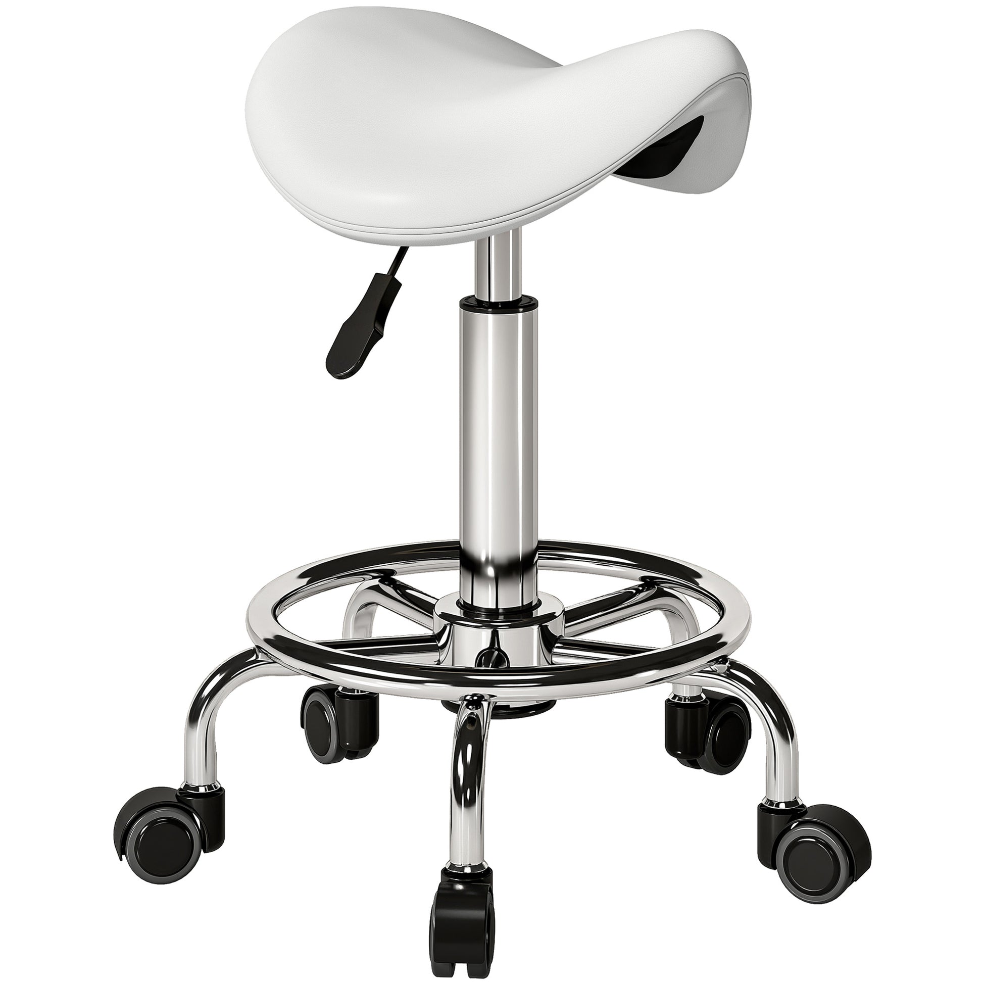 Photo of HOMCOM Salon Saddle Stool, Rolling Saddle Chair for Massage, Spa, Clinic, Beauty, Hairdressing and Tattoo, White in White colour on a white background