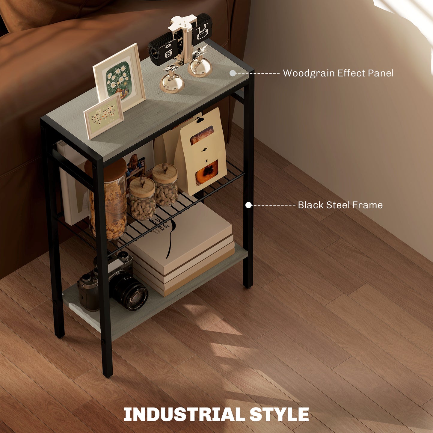 HOMCOM Three Shelf Industrial Side Table, Grey