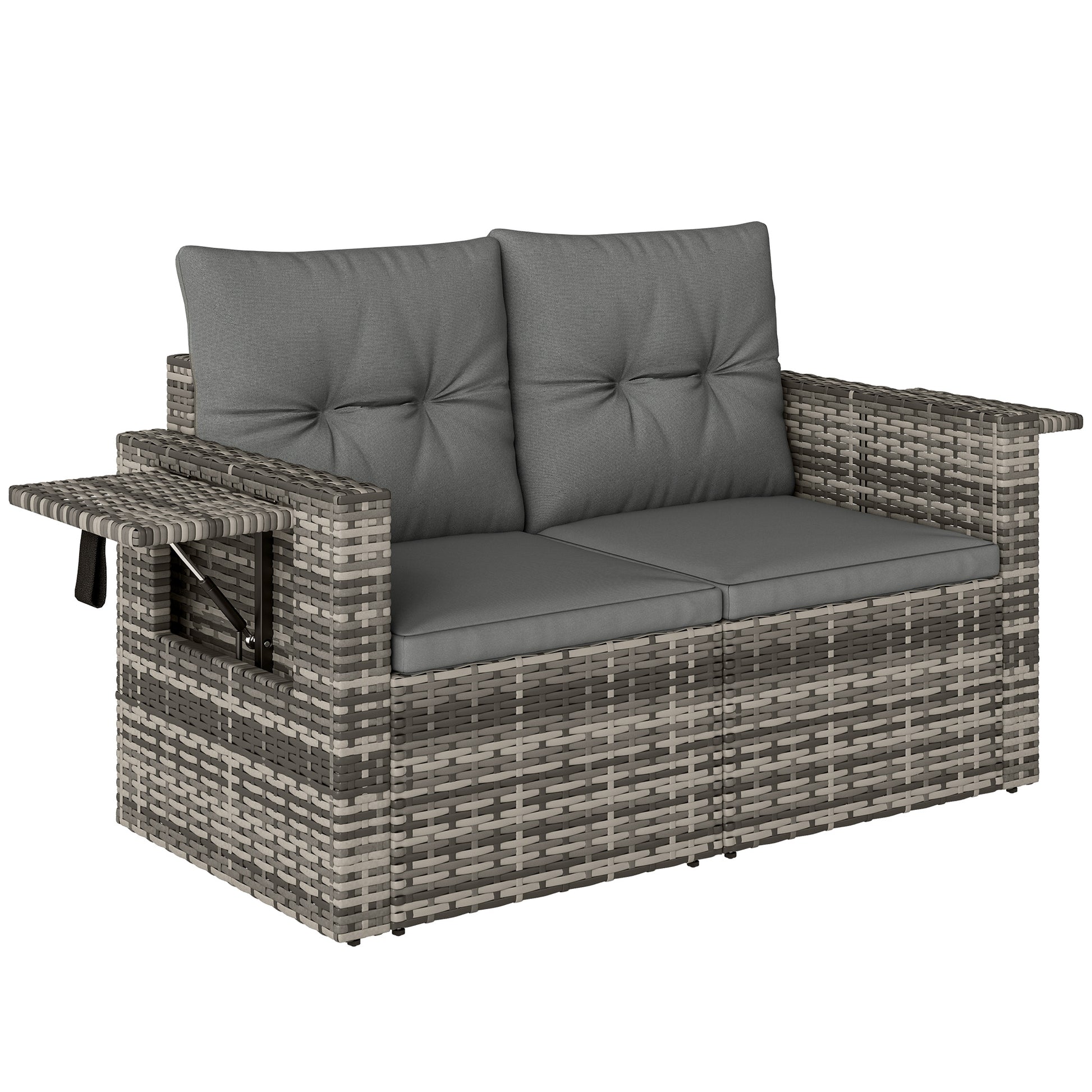 Photo of Outsunny 2 Seater Rattan Garden Sofa Outdoor Loveseat with Hidden Side Trays and Cushions for Patio Balcony, Dark Grey in Grey colour on a white background