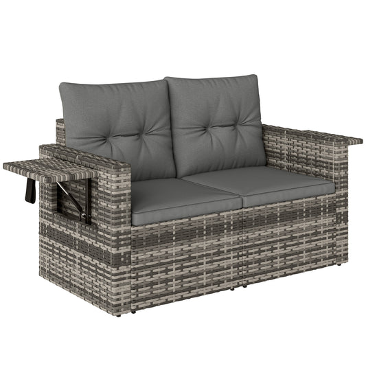 Photo of Outsunny 2 Seater Rattan Garden Sofa Outdoor Loveseat with Hidden Side Trays and Cushions for Patio Balcony, Dark Grey in Grey colour on a white background