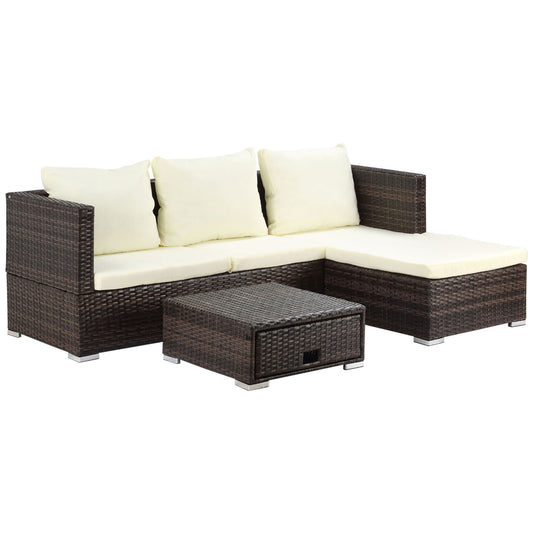 Photo of Outsunny 3 Pieces Rattan Garden Furniture Sofa Set, 4 Seater Garden Corner Sofa with 5-Level Reclining Sun Lounger and Storage Coffee Table, Outdoor Furniture Conservatory Set with Cushions, Brown in Brown colour on a white background