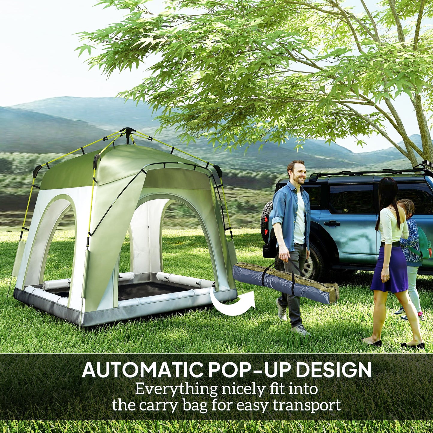 Outsunny Instant Pop Up Camping Tent, 3 Man Dome Tent with 4 Doors, Sewn-in Groundsheet, Carry Bag and Top Hook for Fishing Hiking Festival, Green