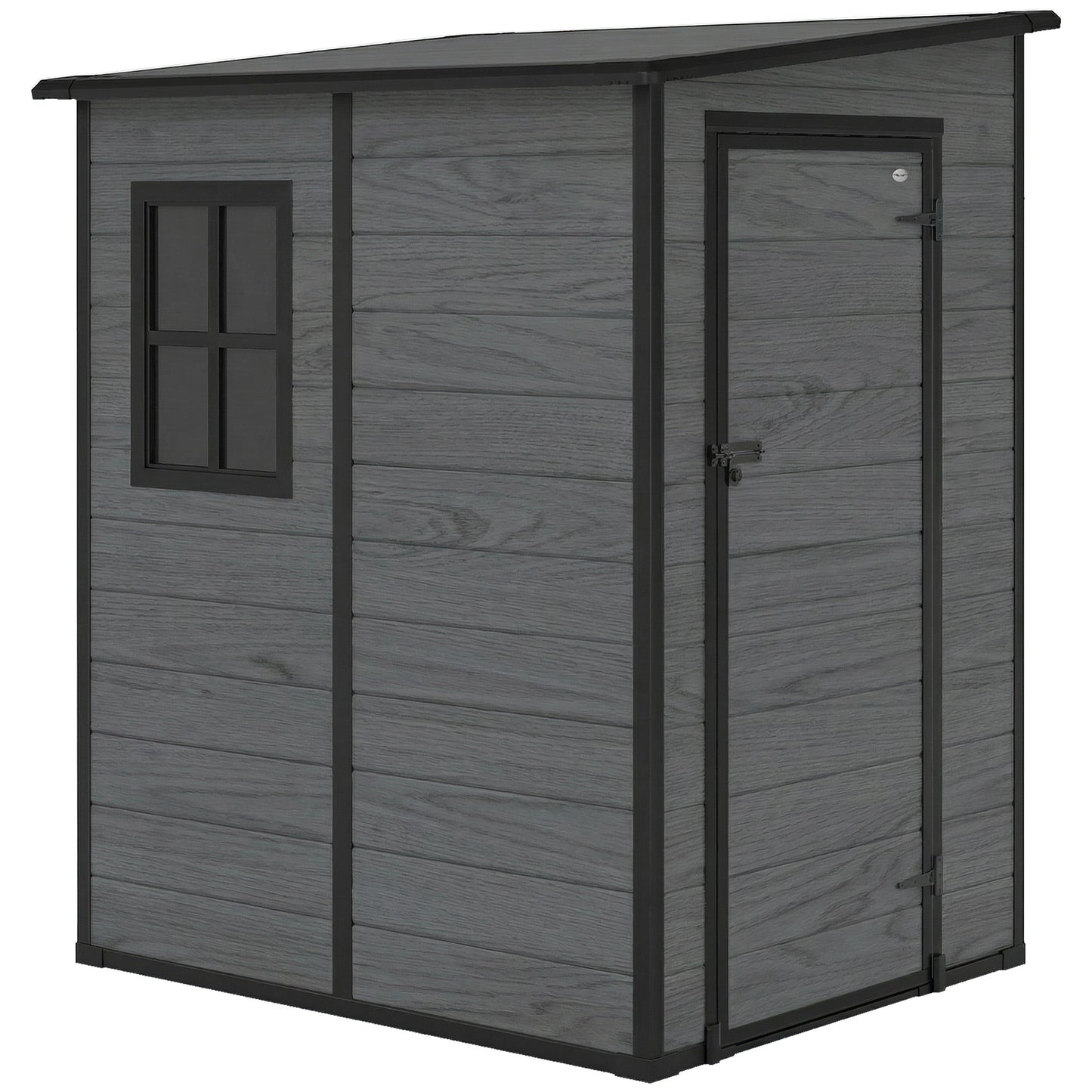 Photo of Outsunny 4'x5' Garden Storage Shed, Lean to Shed, Lockable Garden Shed with Window, Vent and Plastic Roof, Wood-Effect in Wood-Effect colour on a white background