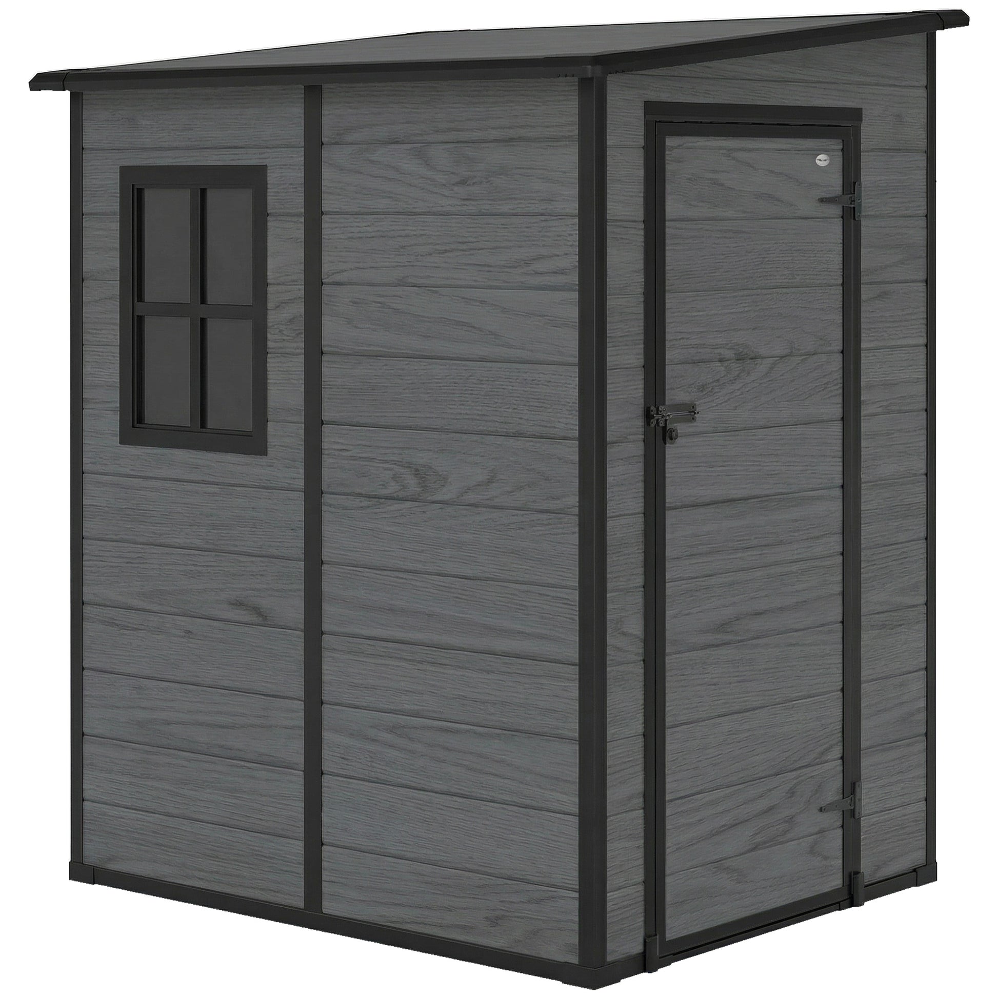 Photo of Outsunny 4'x5' Garden Storage Shed, Lean to Shed, Lockable Garden Shed with Window, Vent and Plastic Roof, Wood-Effect in Wood-Effect colour on a white background