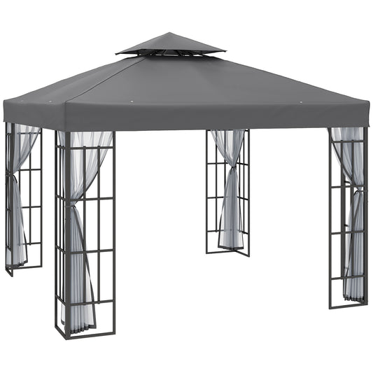 Photo of Outsunny 3 x 3(m) Patio Gazebo Canopy Garden Pavilion Tent Shelter with 2 Tier Roof and Mosquito Netting, Steel Frame, Grey in Grey colour on a white background