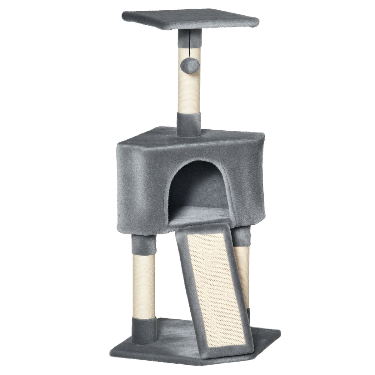 Grey cat tree with a covered condo, sisal posts, slanted scratching ramp, top perch and hanging ball