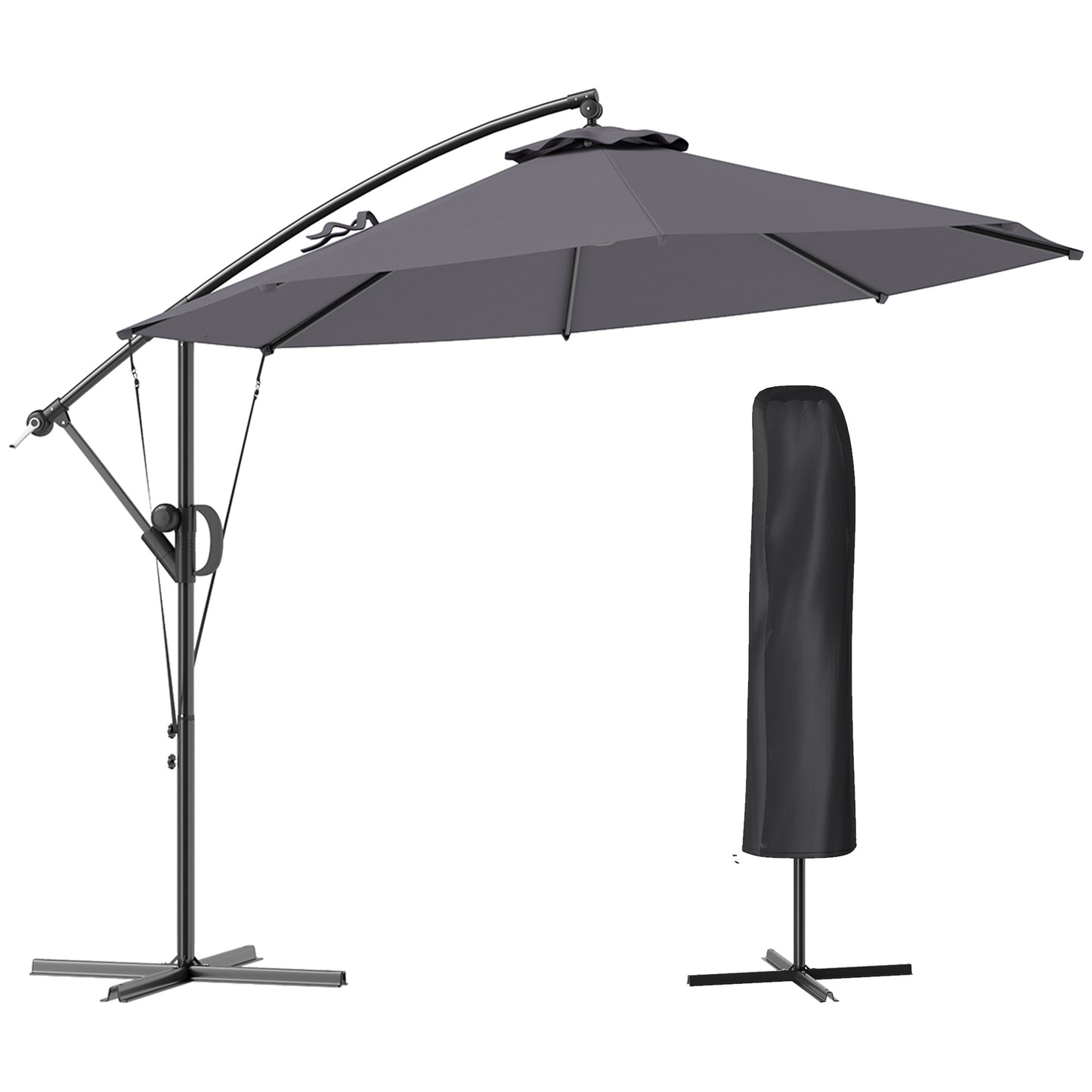Photo of Outsunny 3(m) Garden Cantilever Parasol with Cover and Wind Protection Strap, Round Overhanging Umbrella with Crank Handle and Tilt, Banana Patio Umbrella for Outdoor Sun Shade, UPF50+, Grey in Grey colour on a white background