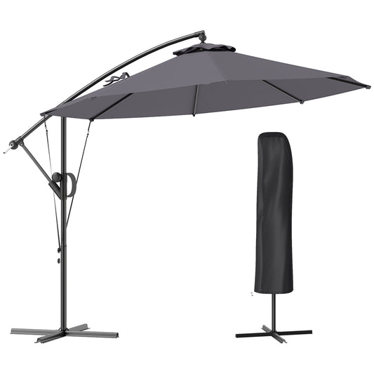 Photo of Outsunny 3(m) Garden Cantilever Parasol with Cover and Wind Protection Strap, Round Overhanging Umbrella with Crank Handle and Tilt, Banana Patio Umbrella for Outdoor Sun Shade, UPF50+, Grey in Grey colour on a white background