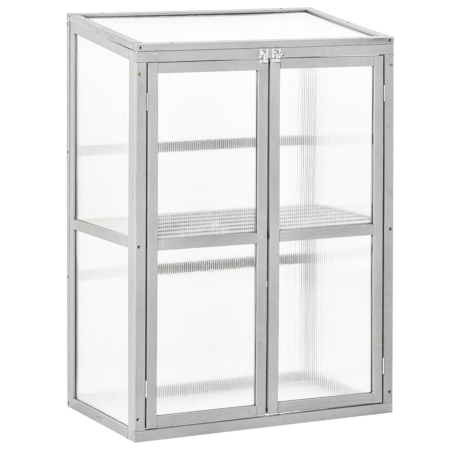 Photo of Outsunny Wooden Cold Frame Greenhouse Polycarbonate Garden Grow House for Flower Vegetable Plants with Adjustable Shelf, Double Doors, 76 x 47 x 110cm, Light Grey in Grey colour on a white background