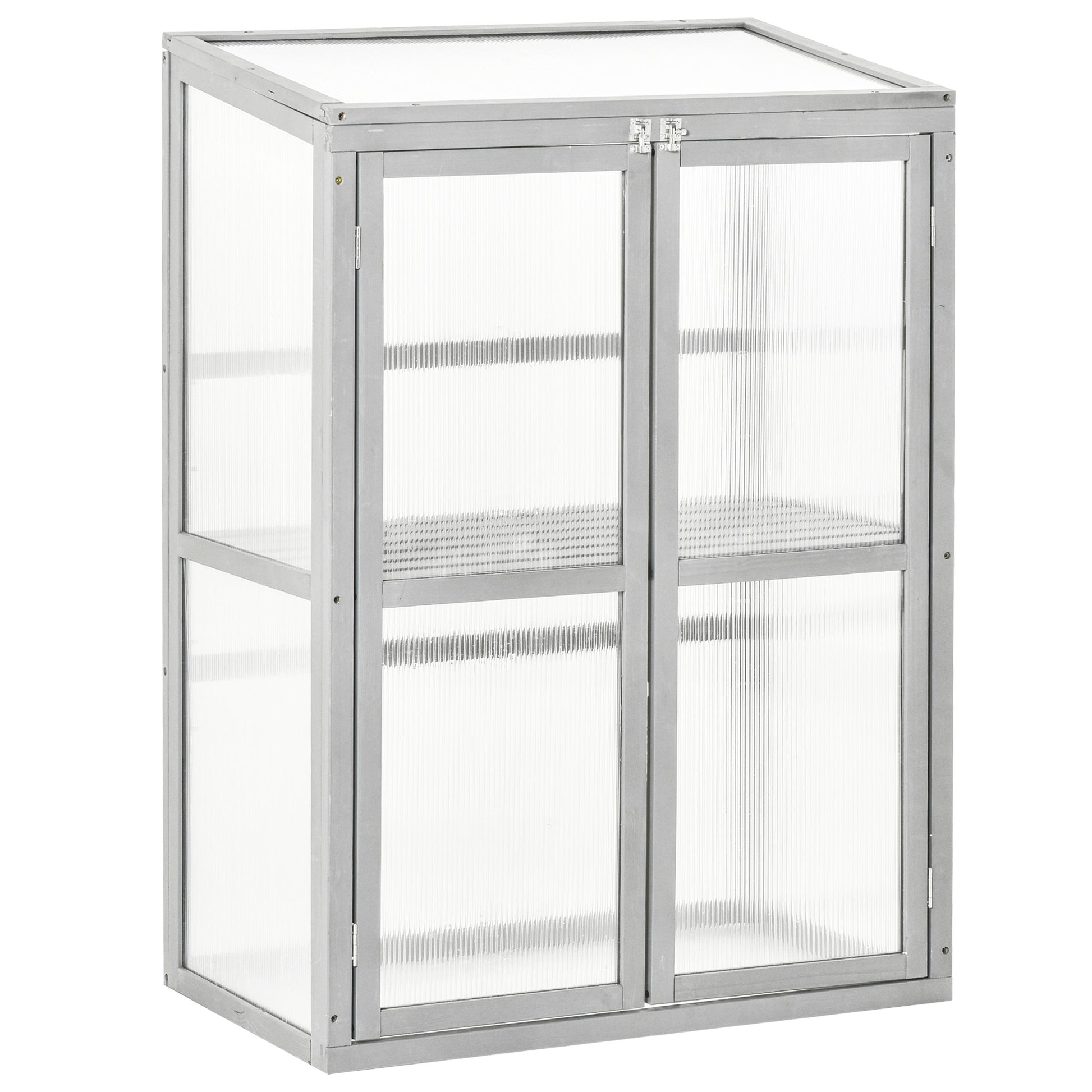 Photo of Outsunny Wooden Cold Frame Greenhouse Polycarbonate Garden Grow House for Flower Vegetable Plants with Adjustable Shelf, Double Doors, 76 x 47 x 110cm, Light Grey in Grey colour on a white background