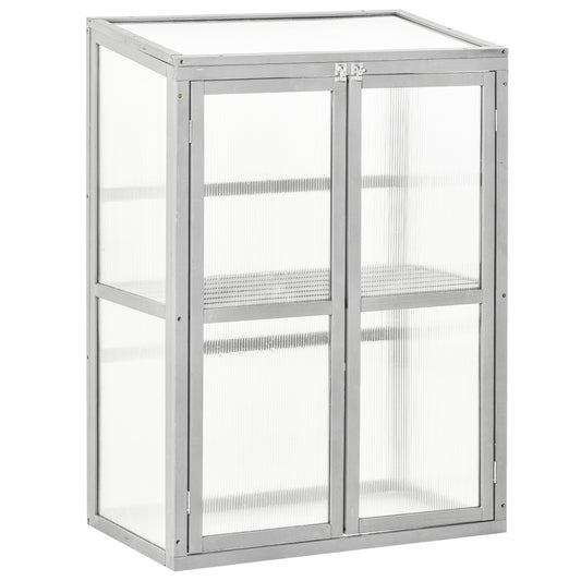 Photo of Outsunny Wooden Cold Frame Greenhouse Polycarbonate Garden Grow House for Flower Vegetable Plants with Adjustable Shelf, Double Doors, 76 x 47 x 110cm, Light Grey in Grey colour on a white background