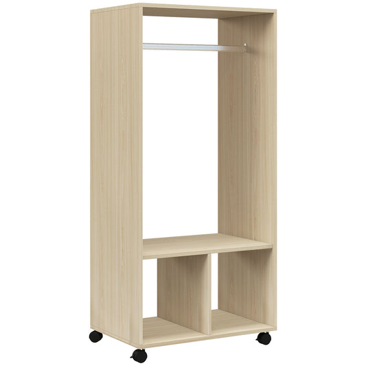 Photo of HOMCOM Open Wardrobe on Wheels, Bedroom Wardrobe with Clothes Hanging Rail, 2 Storage Shelves, Mobile Garment Rack for Cloakroom, Hallway, Natural in Natural colour on a white background
