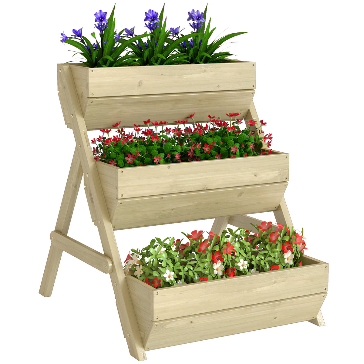 Outsunny three-tier wooden raised planter filled with colorful flowers
