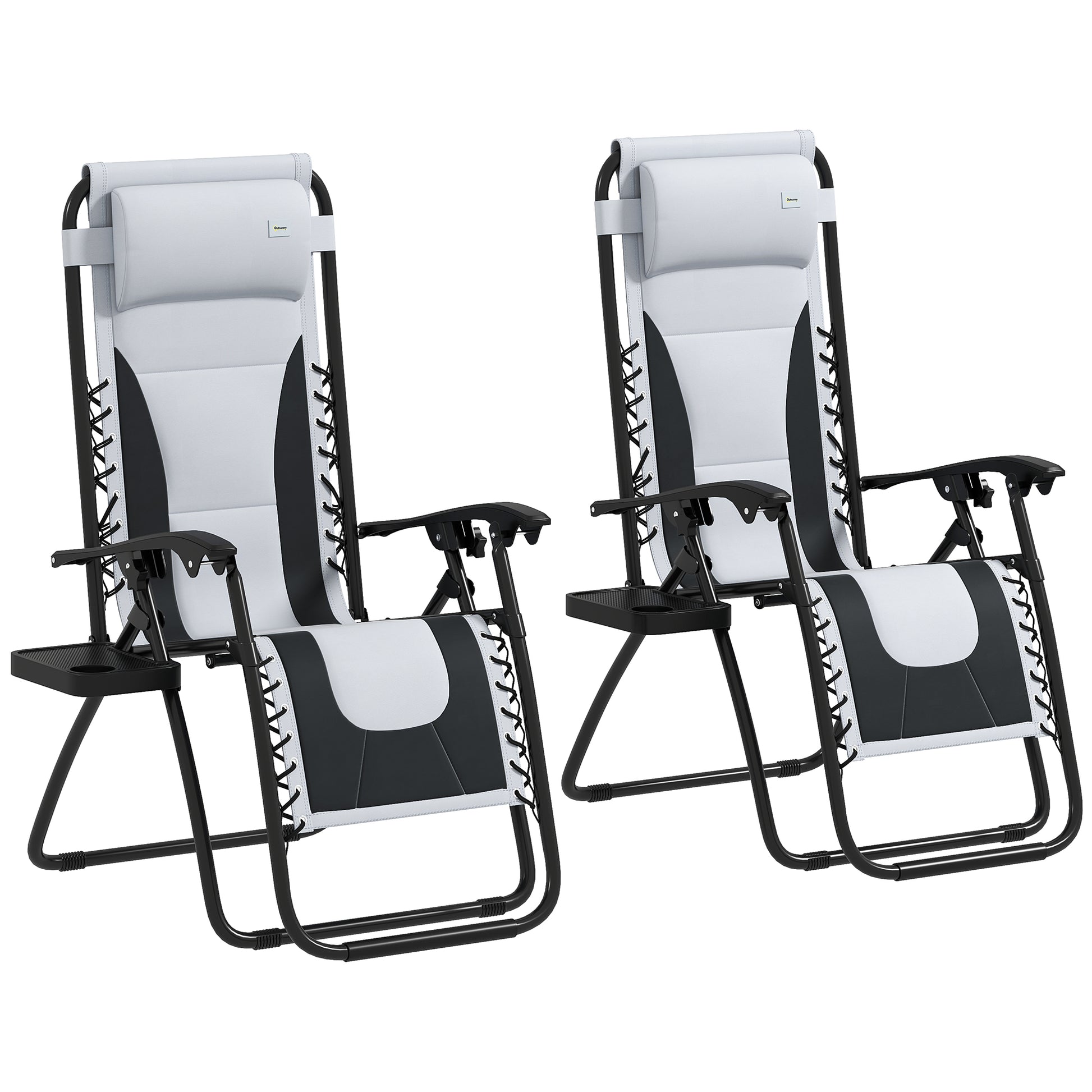 Photo of Outsunny Zero Gravity Lounger Chair Set of 2, Folding Reclining Patio Chair with Padded Seat, Cup Holder, Soft Cushion and Headrest for Poolside, Camping, Grey in Grey colour on a white background