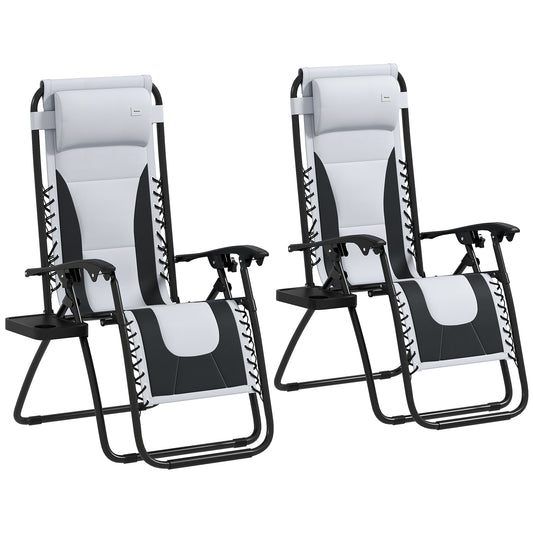 Photo of Outsunny Zero Gravity Lounger Chair Set of 2, Folding Reclining Patio Chair with Padded Seat, Cup Holder, Soft Cushion and Headrest for Poolside, Camping, Grey in Grey colour on a white background