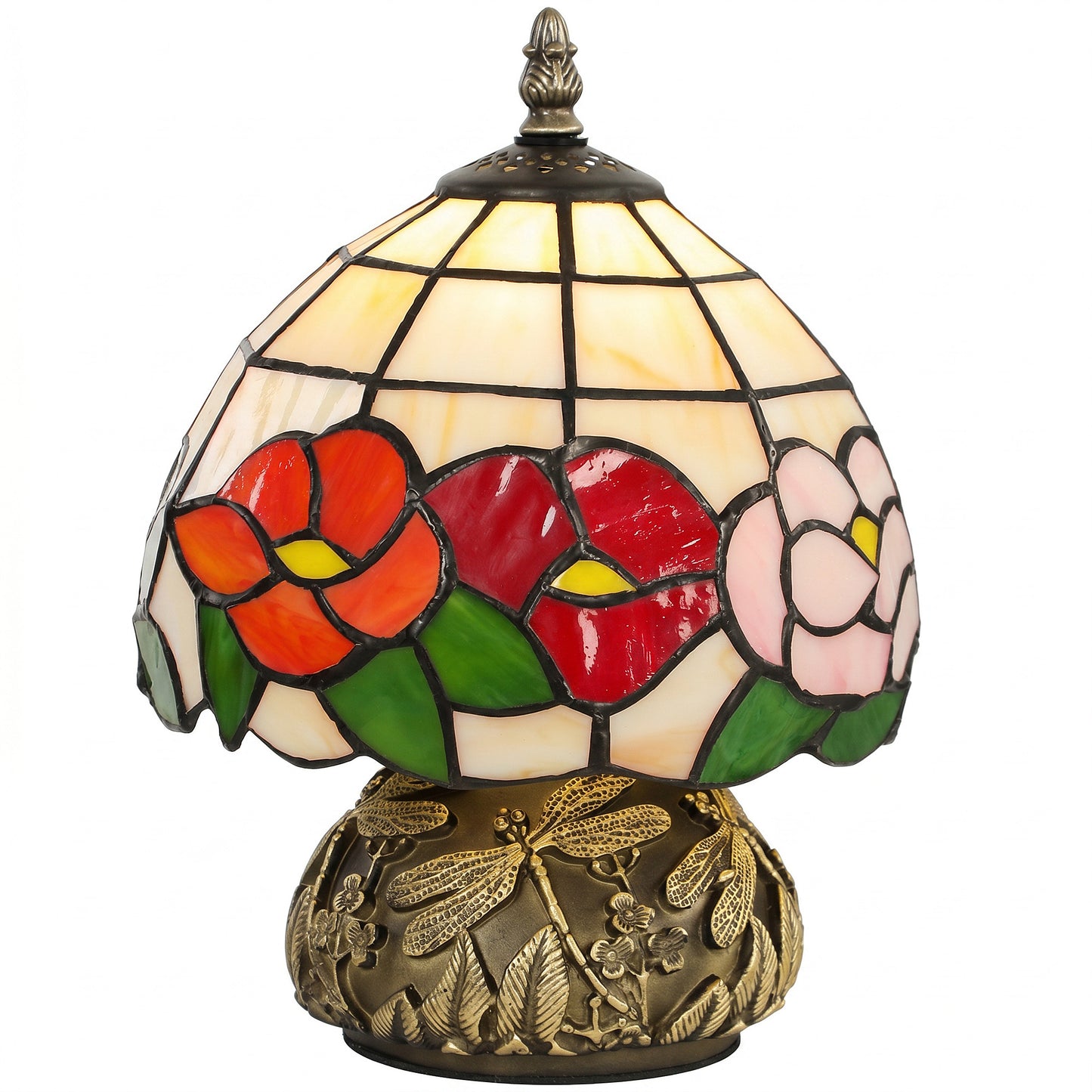 Photo of HOMCOM Handcrafted Classic Stained Glass Bedside Lamp, Tiffany-Style Table Lamp with Sculpted Dragonfly Base, Multi-Coloured in Multi-Coloured colour on a white background