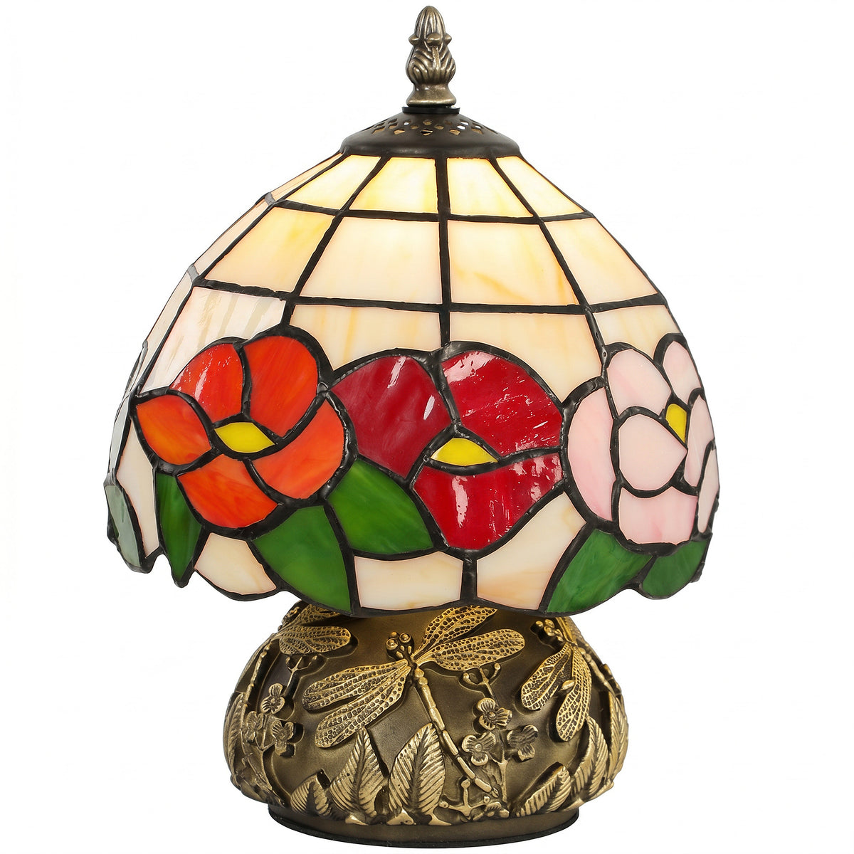 Photo of HOMCOM Handcrafted Classic Stained Glass Bedside Lamp, Tiffany-Style Table Lamp with Sculpted Dragonfly Base, Multi-Coloured in Multi-Coloured colour on a white background