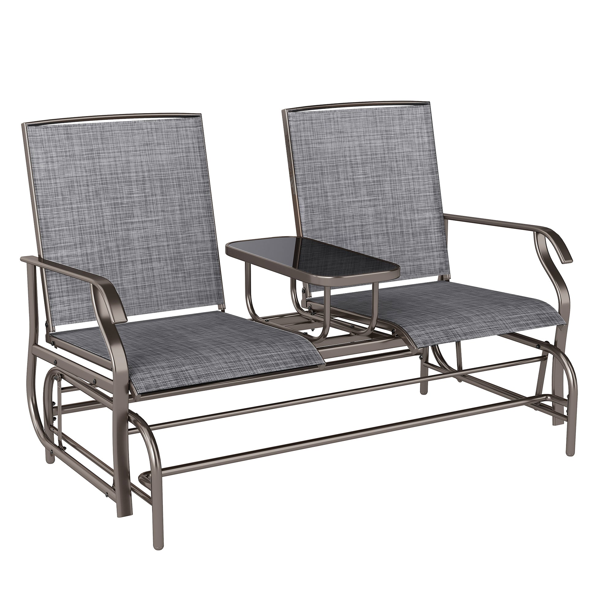 Photo of Outsunny 2 Seats Garden Glider Bench, Metal Frame Loveseat with Glass Top  Centre Table, Porch Rocking Glider for 2 Person, for Deck, Patio, Brown/ Grey in Grey colour on a white background