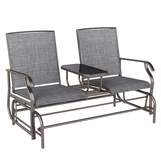 Photo of Outsunny 2 Seats Garden Glider Bench, Metal Frame Loveseat with Glass Top  Centre Table, Porch Rocking Glider for 2 Person, for Deck, Patio, Brown/ Grey in Grey colour on a white background