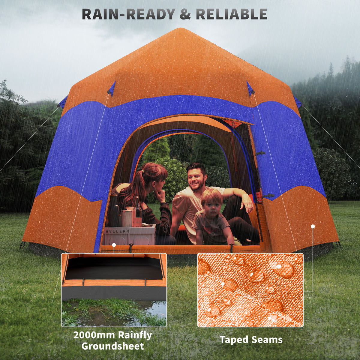 Outsunny 3 Man Instant Pop Up Tent with Rainfly, Portable Camping Shelter with Sewn-in Groundsheet, Carry Bag, Orange