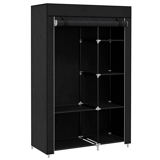 Open black fabric wardrobe with hanging rail and multiple storage shelves