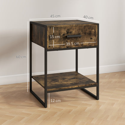Bedside table with drawer and lower shelf, shown with dimensions