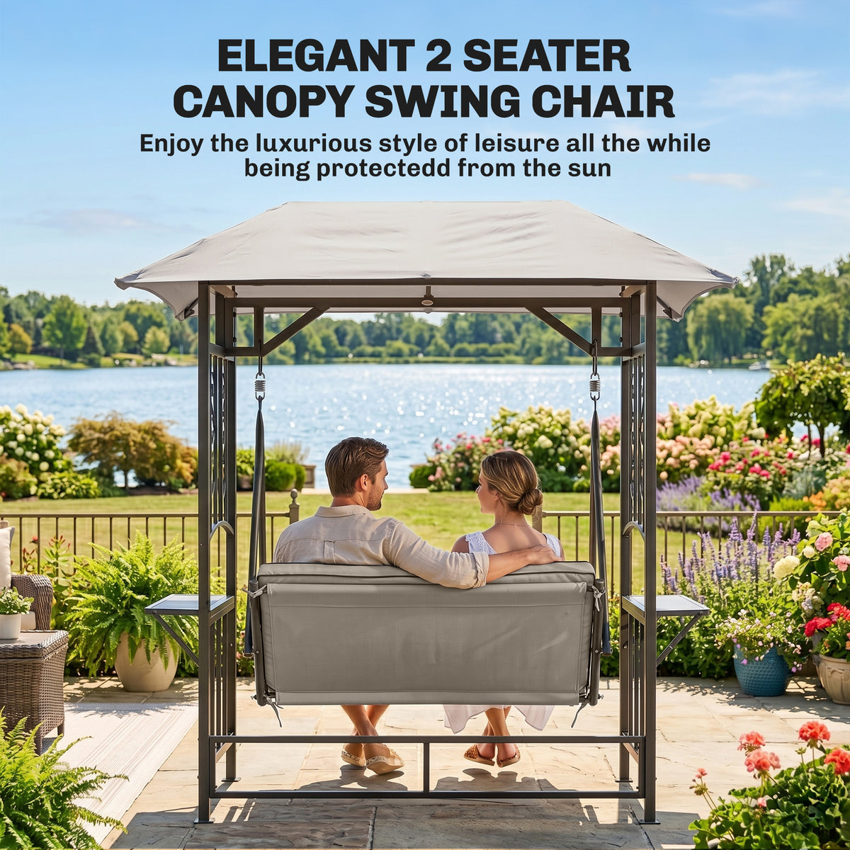 Canopy swing chair viewed from behind, with two beige cushions and side tables