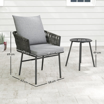 Cushioned grey rattan chair and round table with dimensions shown