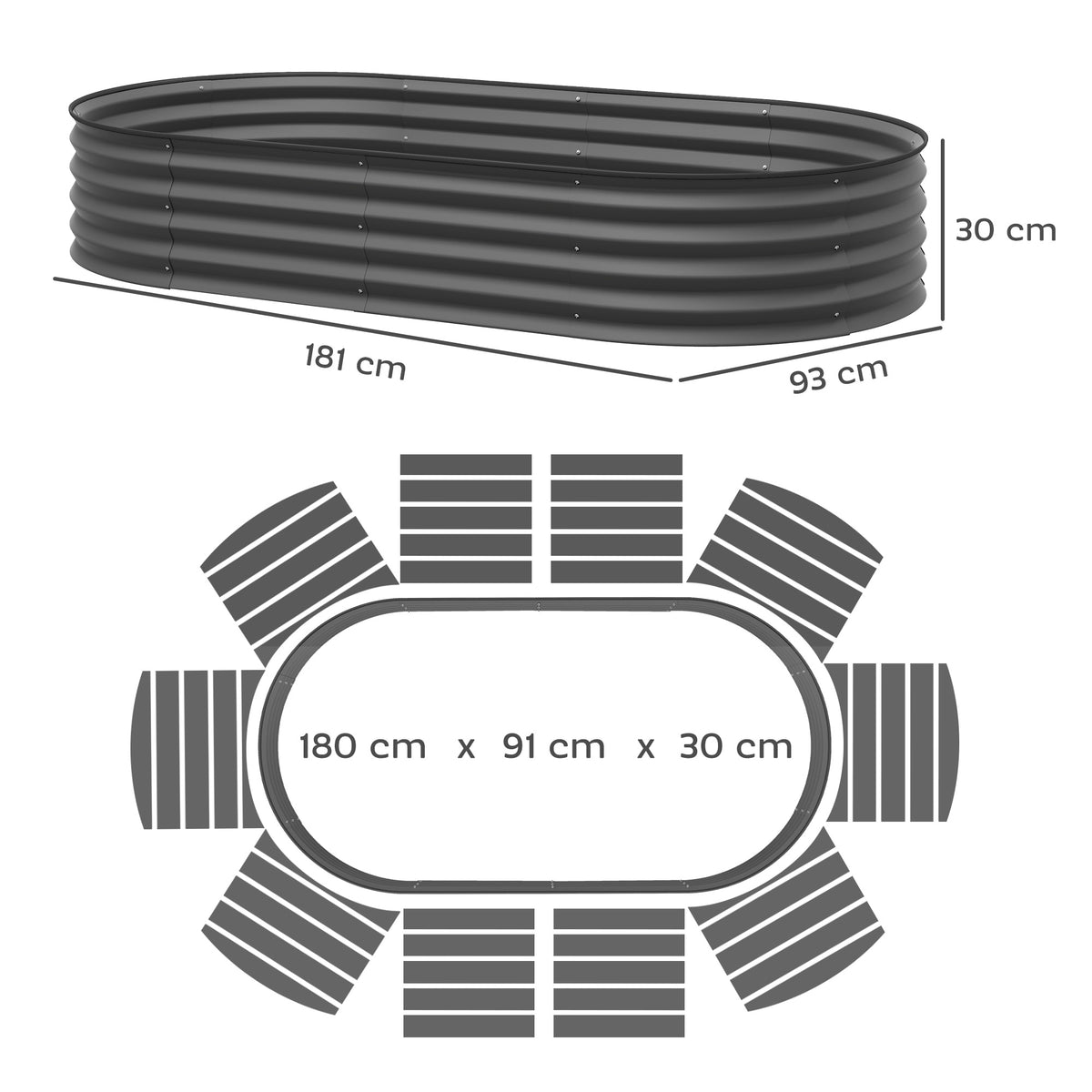 Dark grey steel planter with dimensions of 181 by 93 by 30 cm