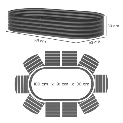 Dark grey steel planter with dimensions of 181 by 93 by 30 cm